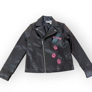 Kids Black Def Leppard Faux Leather Jacket with Pink Paws - 10/12
